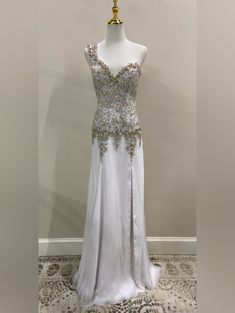 Embellished One-Shoulder White Evening Gown